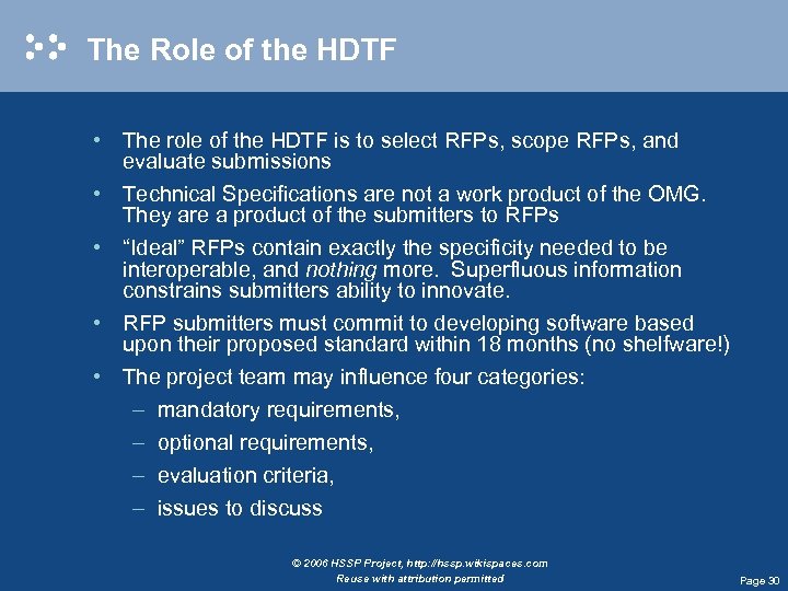 The Role of the HDTF • The role of the HDTF is to select