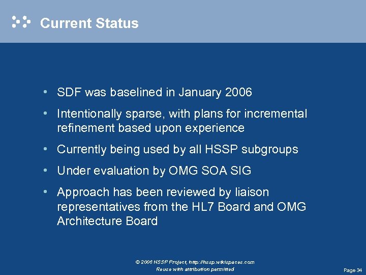 Current Status • SDF was baselined in January 2006 • Intentionally sparse, with plans