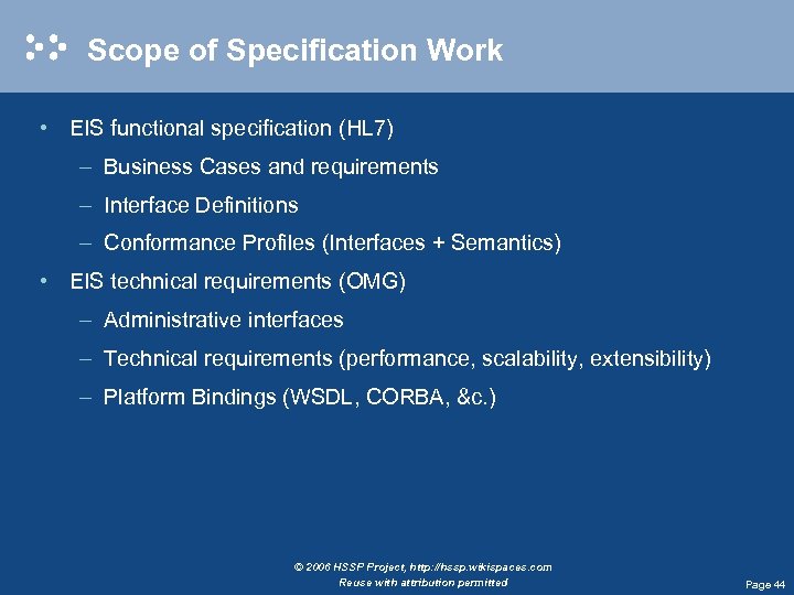Scope of Specification Work • EIS functional specification (HL 7) – Business Cases and