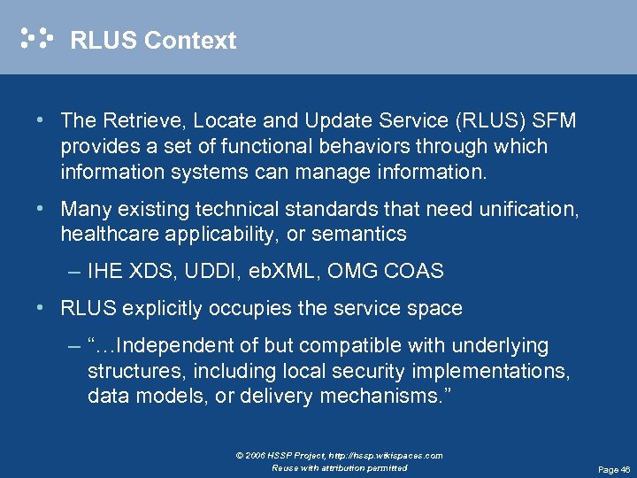 RLUS Context • The Retrieve, Locate and Update Service (RLUS) SFM provides a set