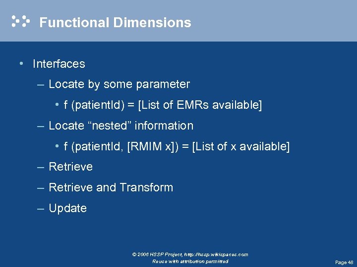Functional Dimensions • Interfaces – Locate by some parameter • f (patient. Id) =
