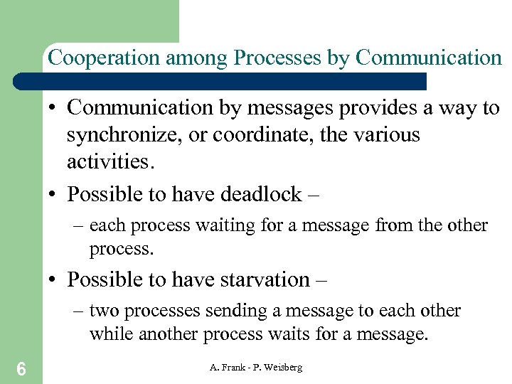 Cooperation among Processes by Communication • Communication by messages provides a way to synchronize,