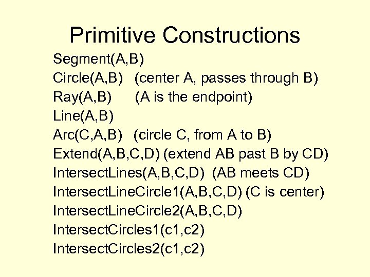 Primitive Constructions Segment(A, B) Circle(A, B) (center A, passes through B) Ray(A, B) (A