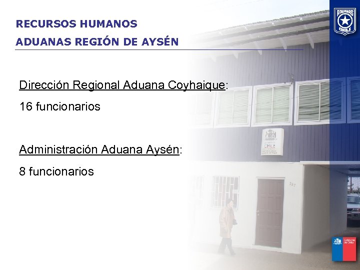 RECURSOS HUMANOS ADUANAS REGIÓN DE AYSÉN Dirección Regional Aduana Coyhaique: 16 funcionarios Administración Aduana