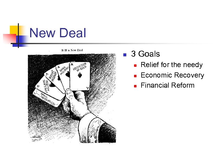 New Deal n 3 Goals n n n Relief for the needy Economic Recovery
