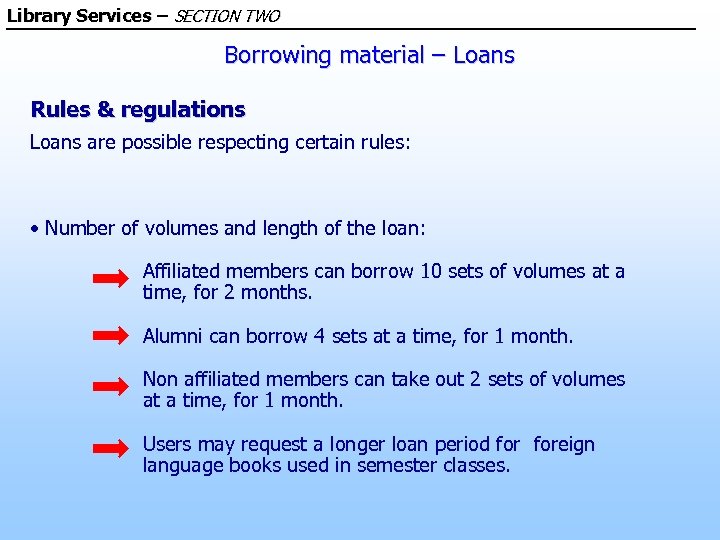 Library Services – SECTION TWO Borrowing material – Loans Rules & regulations Loans are