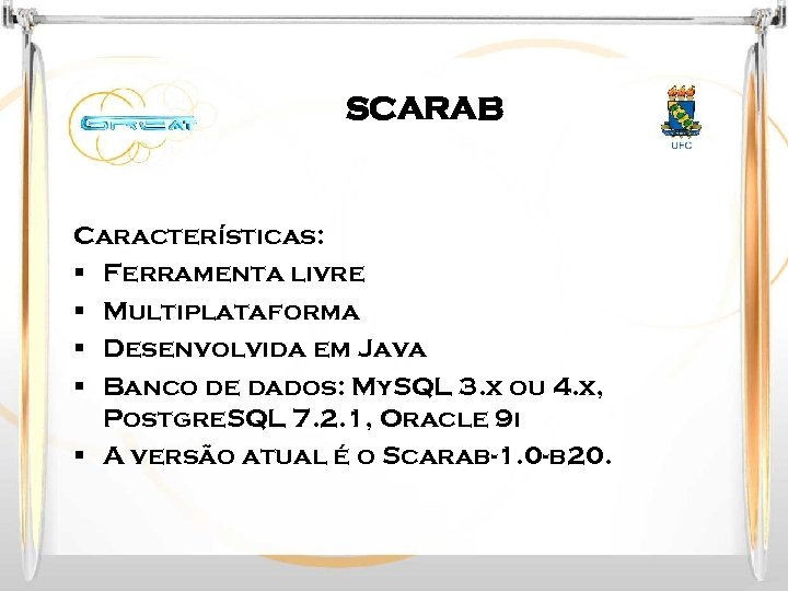 SCARAB Características: § Ferramenta livre § Multiplataforma § Desenvolvida em Java § Banco de