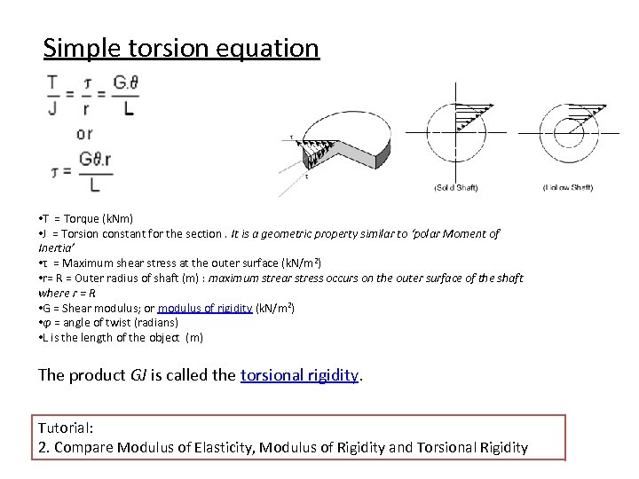 Simple torsion equation • T = Torque (k. Nm) • J = Torsion constant