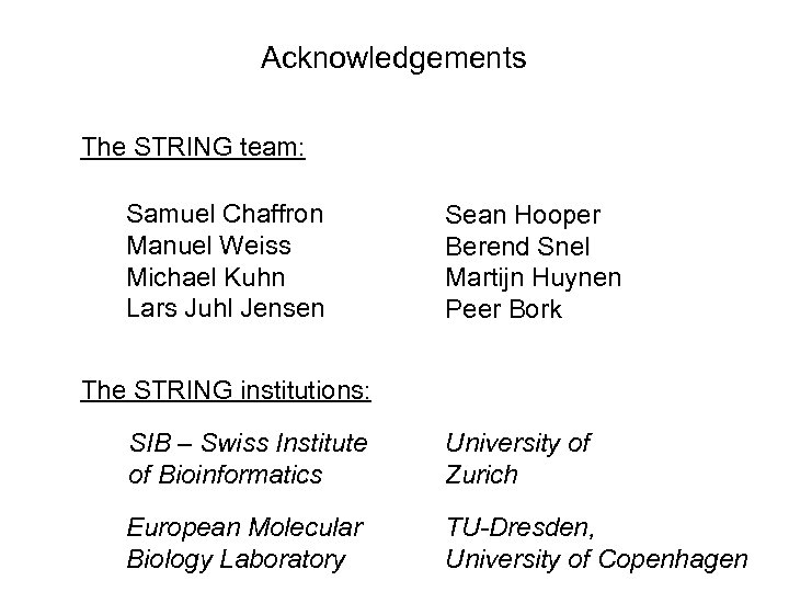 Acknowledgements The STRING team: Samuel Chaffron Manuel Weiss Michael Kuhn Lars Juhl Jensen Sean