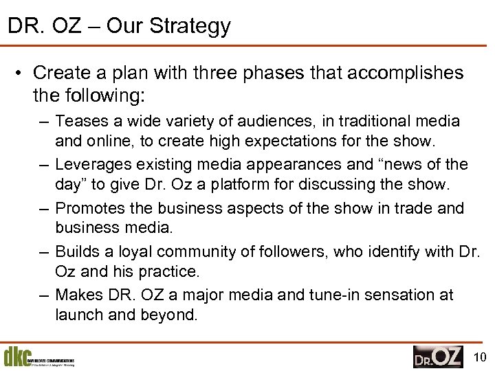 DR. OZ – Our Strategy • Create a plan with three phases that accomplishes