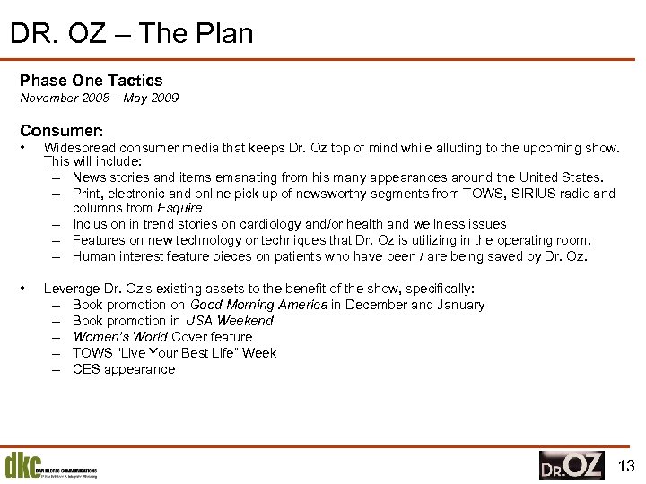 DR. OZ – The Plan Phase One Tactics November 2008 – May 2009 Consumer: