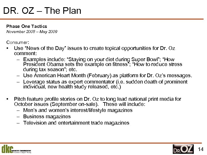 DR. OZ – The Plan Phase One Tactics November 2008 – May 2009 Consumer: