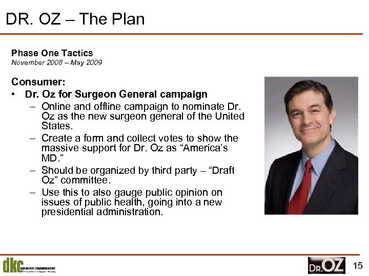 DR. OZ – The Plan Phase One Tactics November 2008 – May 2009 Consumer: