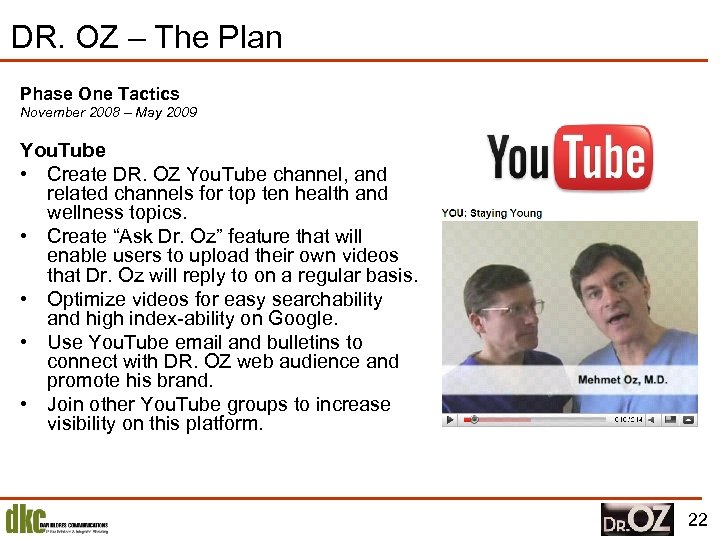 DR. OZ – The Plan Phase One Tactics November 2008 – May 2009 You.