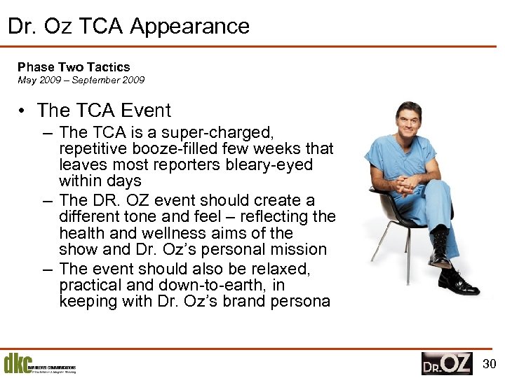 Dr. Oz TCA Appearance Phase Two Tactics May 2009 – September 2009 • The