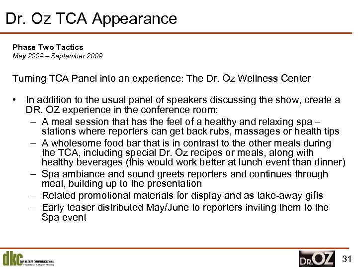 Dr. Oz TCA Appearance Phase Two Tactics May 2009 – September 2009 Turning TCA