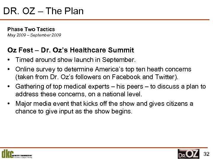 DR. OZ – The Plan Phase Two Tactics May 2009 – September 2009 Oz