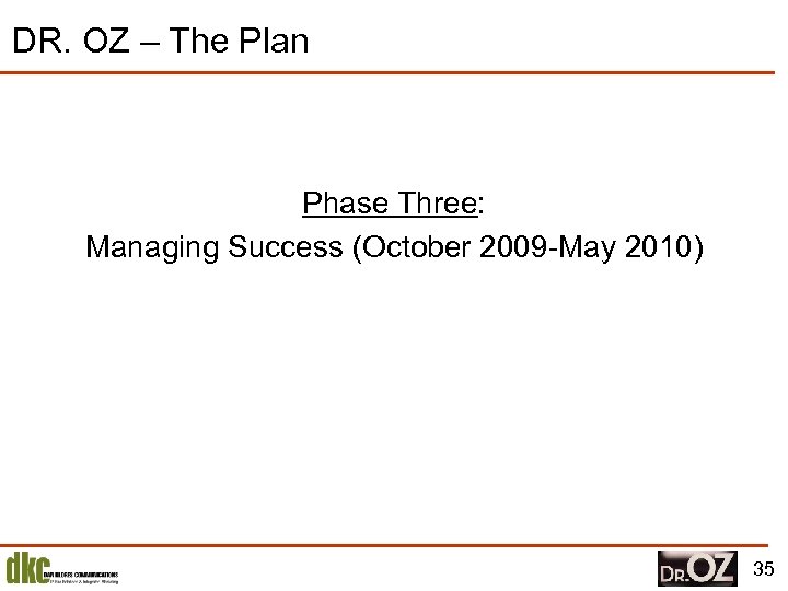 DR. OZ – The Plan Phase Three: Managing Success (October 2009 -May 2010) 35