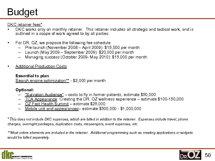 Budget DKC retainer fees* • DKC works only on monthly retainer. This retainer includes
