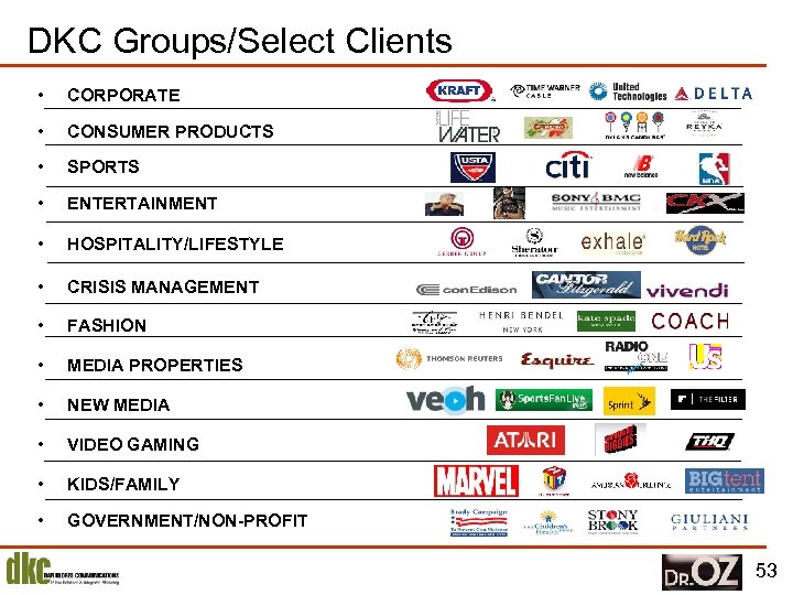 DKC Groups/Select Clients • CORPORATE • CONSUMER PRODUCTS • SPORTS • ENTERTAINMENT • HOSPITALITY/LIFESTYLE