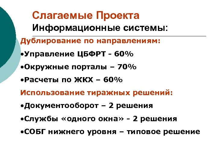Слагаемые Проекта Информационные системы: Дублирование по направлениям: • Управление ЦБФРТ - 60% • Окружные