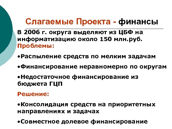 Слагаемые Проекта - финансы В 2006 г. округа выделяют из ЦБФ на информатизацию около