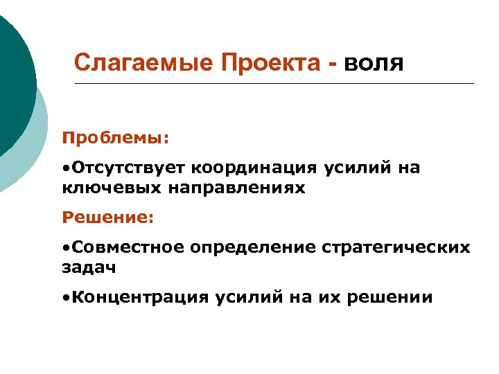Слагаемые Проекта - воля Проблемы: • Отсутствует координация усилий на ключевых направлениях Решение: •