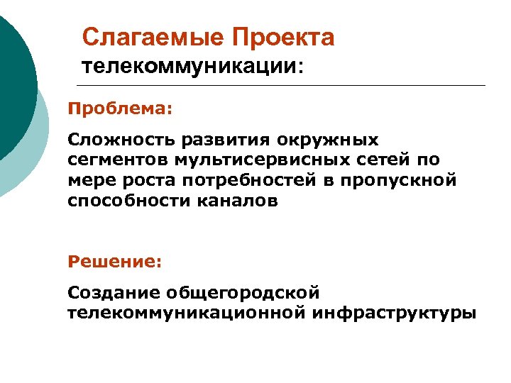 Слагаемые Проекта телекоммуникации: Проблема: Сложность развития окружных сегментов мультисервисных сетей по мере роста потребностей