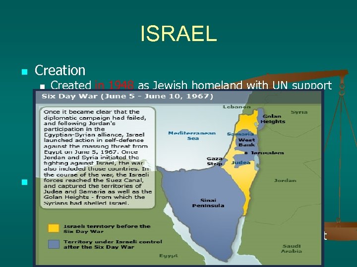 ISRAEL n Creation n n Created in 1948 as Jewish homeland with UN support