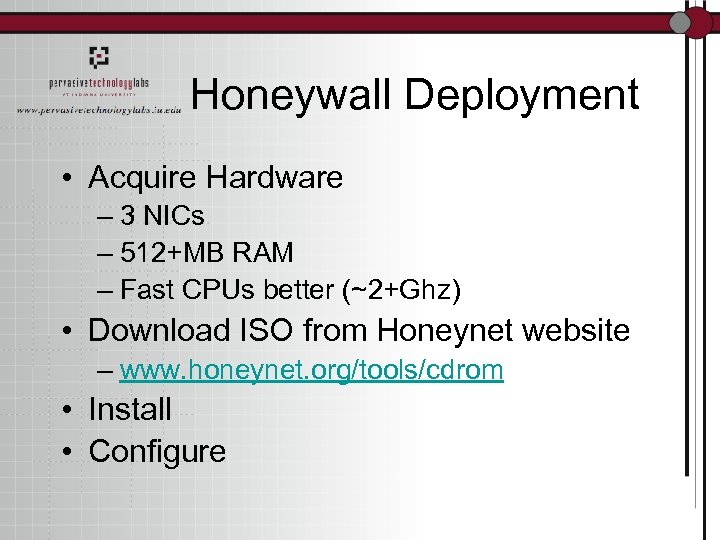 Honeywall Deployment • Acquire Hardware – 3 NICs – 512+MB RAM – Fast CPUs