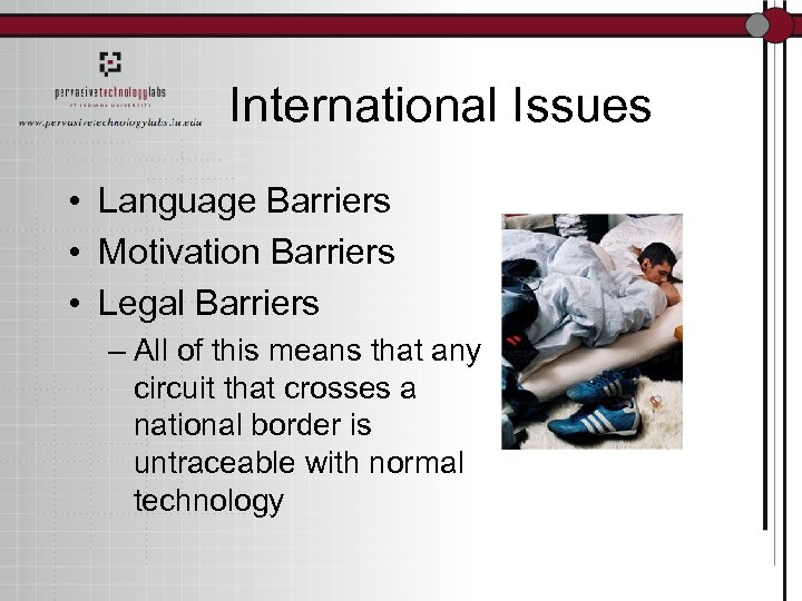 International Issues • Language Barriers • Motivation Barriers • Legal Barriers – All of