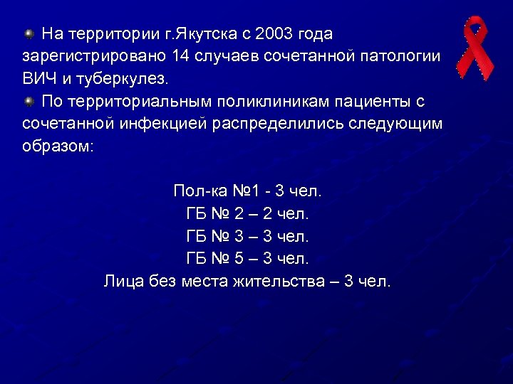 На территории г. Якутска с 2003 года зарегистрировано 14 случаев сочетанной патологии ВИЧ и