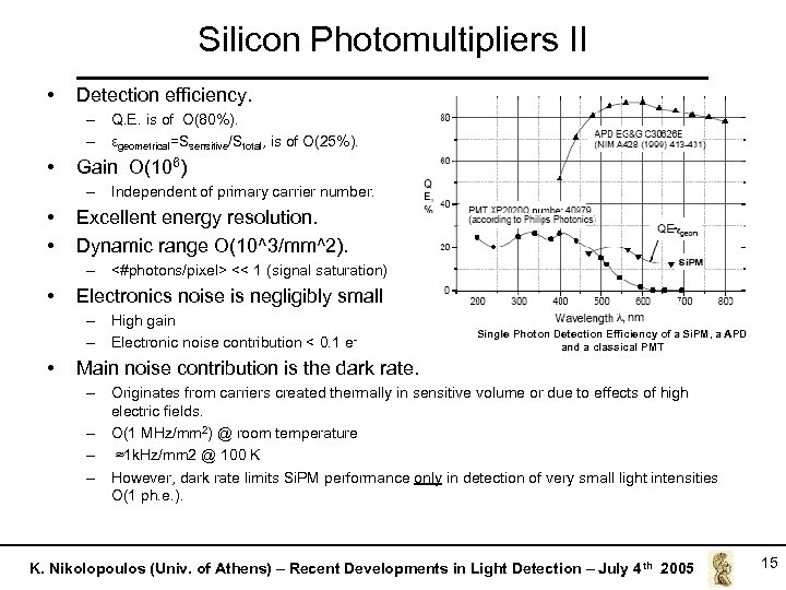 Silicon Photomultipliers II • Detection efficiency. – Q. E. is of O(80%). – εgeometrical=Ssensitive/Stotal,