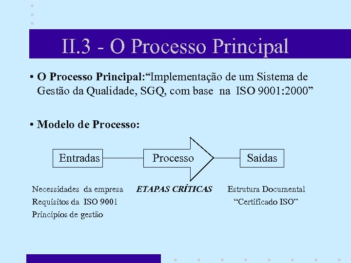 II. 3 - O Processo Principal • O Processo Principal: “Implementação de um Sistema