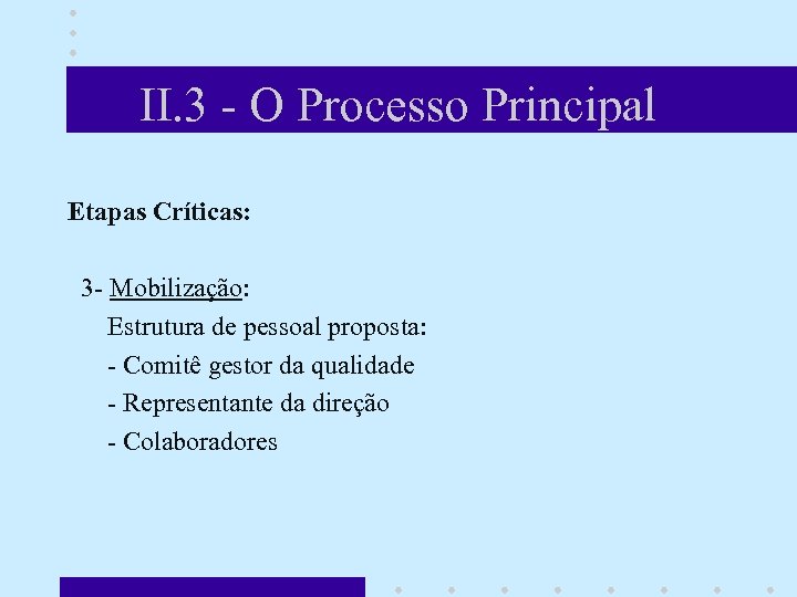 II. 3 - O Processo Principal Etapas Críticas: 3 - Mobilização: Estrutura de pessoal