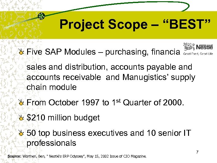 Project Scope – “BEST” Five SAP Modules – purchasing, financials, sales and distribution, accounts