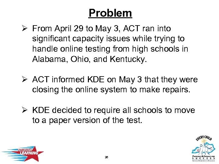 Problem Ø From April 29 to May 3, ACT ran into significant capacity issues