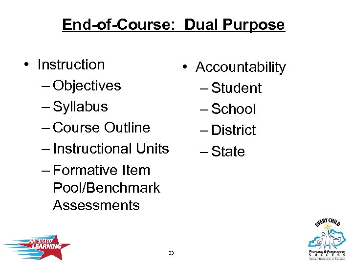 End-of-Course: Dual Purpose • Instruction • Accountability – Objectives – Student – Syllabus –