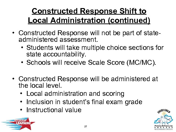 Constructed Response Shift to Local Administration (continued) • Constructed Response will not be part