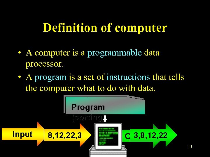 Definition of computer • A computer is a programmable data processor. • A program