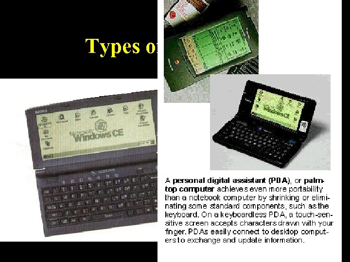 Types of computers • microcomputers – Personal digital assistants are also known as palmtop