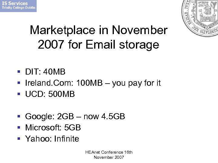 Marketplace in November 2007 for Email storage § DIT: 40 MB § Ireland. Com: