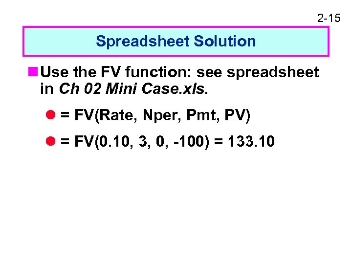 2 -15 Spreadsheet Solution n Use the FV function: see spreadsheet in Ch 02