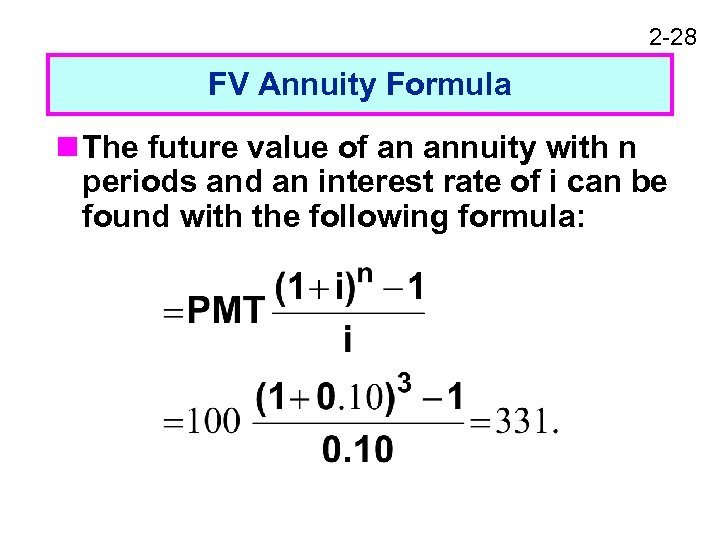 2 -28 FV Annuity Formula n The future value of an annuity with n