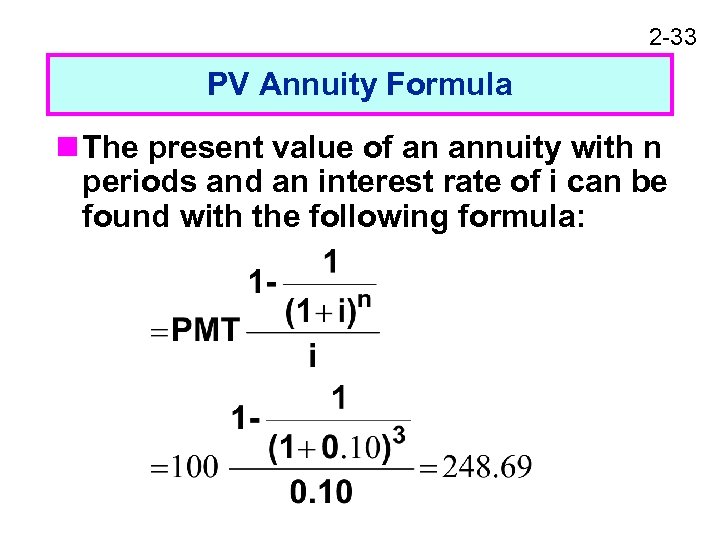 2 -33 PV Annuity Formula n The present value of an annuity with n