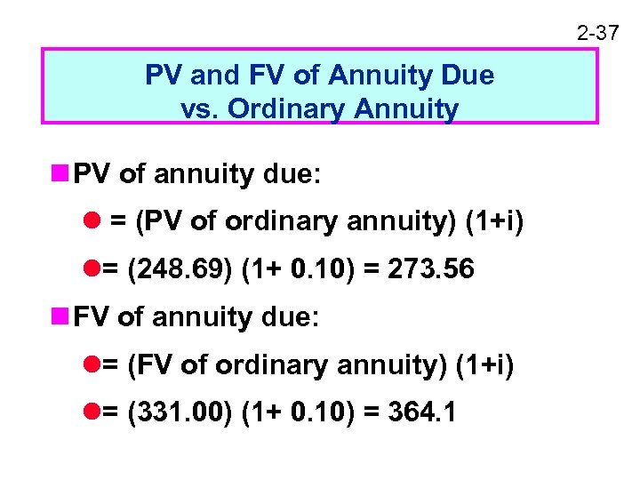 2 -37 PV and FV of Annuity Due vs. Ordinary Annuity n PV of