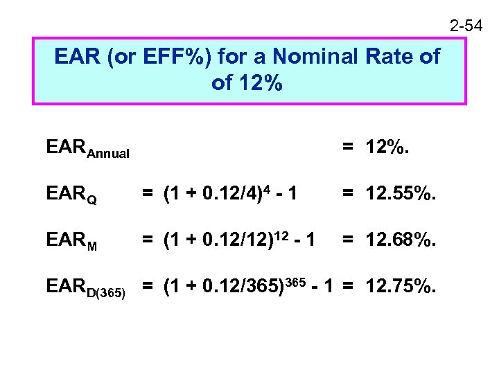 2 -54 EAR (or EFF%) for a Nominal Rate of of 12% EARAnnual =