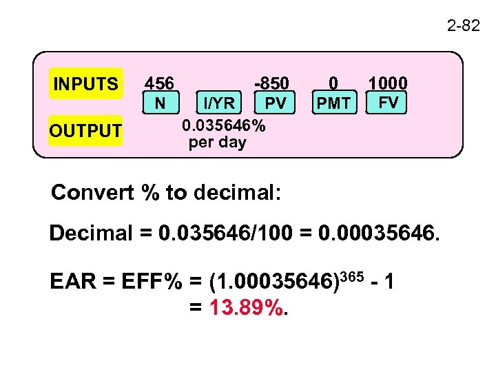 2 -82 INPUTS OUTPUT 456 N -850 I/YR PV 0. 035646% per day 0