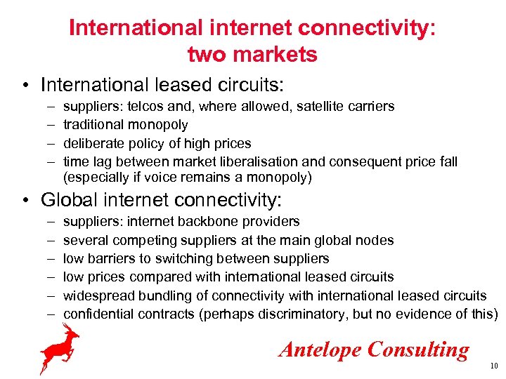 International internet connectivity: two markets • International leased circuits: – – suppliers: telcos and,