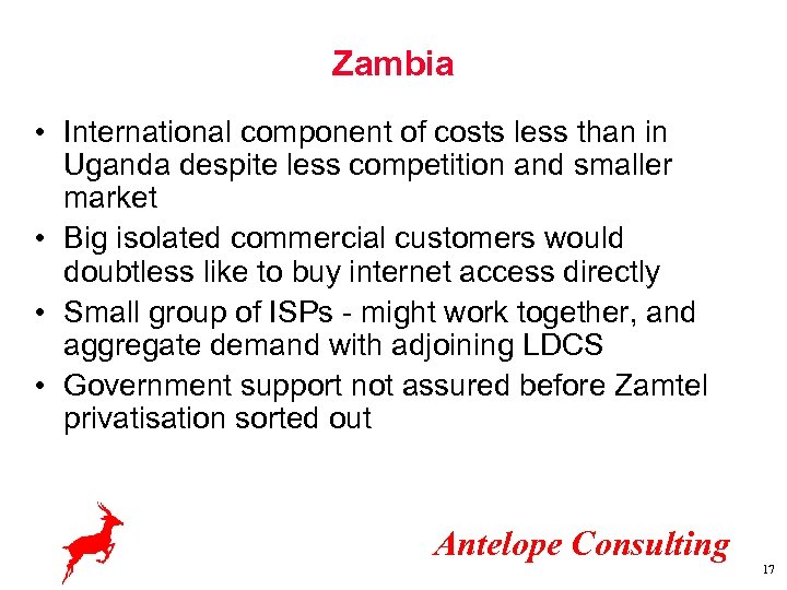 Zambia • International component of costs less than in Uganda despite less competition and
